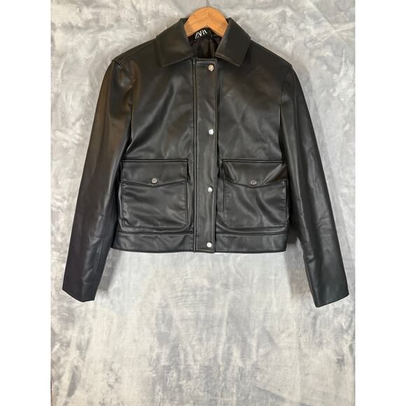 Zara Faux Black Leather Boxy Bomber Jacket XS Motorcycle Moto Biker Cropped - Picture 8 of 10